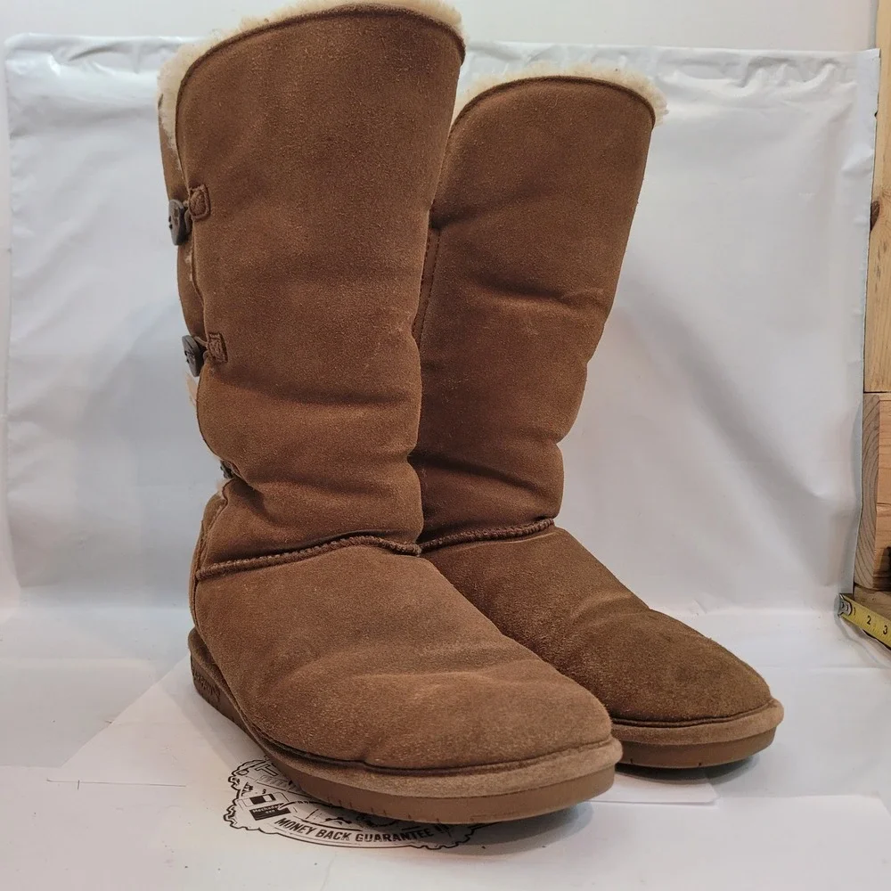 Bearpaw Abigail Boots Womens 10 Hickory Suede Tall Toggle Winter Snow Brown